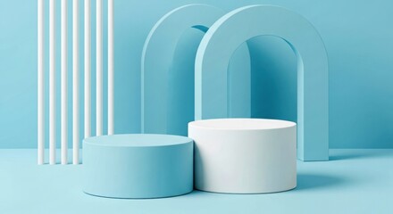 Two cylindrical podiums, one blue and one white, with arched and striped elements