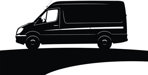 Black silhouette of a cargo van on a white background, van, cargo van, silhouette, black, white, vehicle, transportation, delivery, transport, commercial, automobile, driving, road, shadow, graphic, i