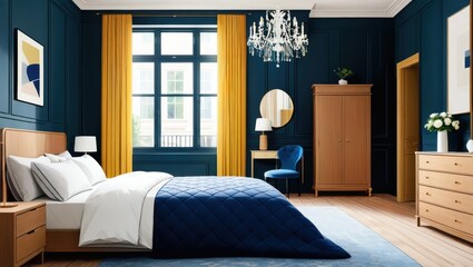 Elegant Modern Bedroom Interior Design Featuring Blue and Yellow Color Scheme with Chic Accessories