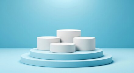 A minimalist blue stage with four white cylinders on tiered platforms