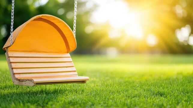 Serene wooden garden swing beneath a glowing canopy at sunset in a tranquil summer park