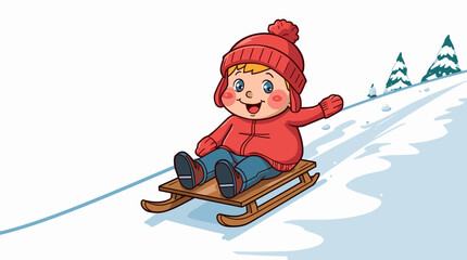 Joyful child gliding on sled across snowy hill child on toboggan hill