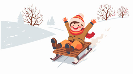 Laughing child sledding fast down snowy hill child on toboggan hill