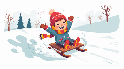 Excited child speeding on sled through snowy landscape child on toboggan hill