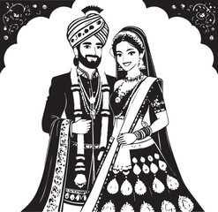 Beautiful royal Indian marriage ceremony black and white vector couple lovely marriage