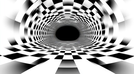 Checkered tunnel, black and white, optical illusion