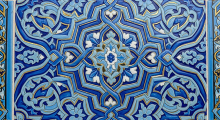 Detailed Handmade Tile Design with Oriental Floral Ornament Blue Mosaic Ceramic Art Decorative Geometric Surface Arabesque Pattern Islam Eastern Middle East Architecture