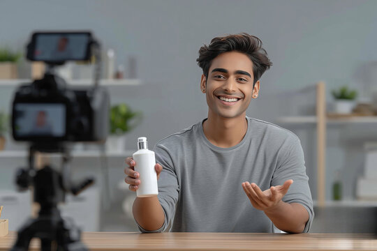 Handsome Indian man broadcasting live online sales on camera