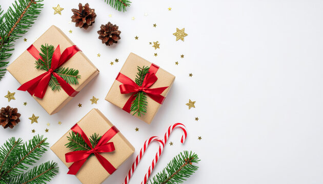 Gift boxes with red ribbons and pine branches on white background evoke festive cheer. Candy canes, pinecones, and stars add holiday charm