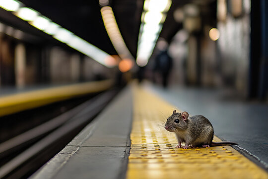 Urban mouse walking along vibrant yellow platform in city railway station, symbol of city wildlife and survival, generative ai