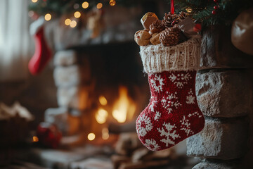 Generative ai image of red christmas stocking hanging by fireplace in decorated cozy room with presents and holiday mood