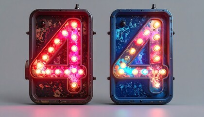 Vintage illuminated number four signs glow with red and multi-colored lights.