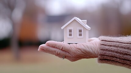Elderly woman's hand presents tiny house model in peaceful park setting, symbolizing home and real estate opportunities
