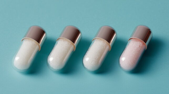 Colorful cosmetic capsules arranged neatly on a blue background for skincare