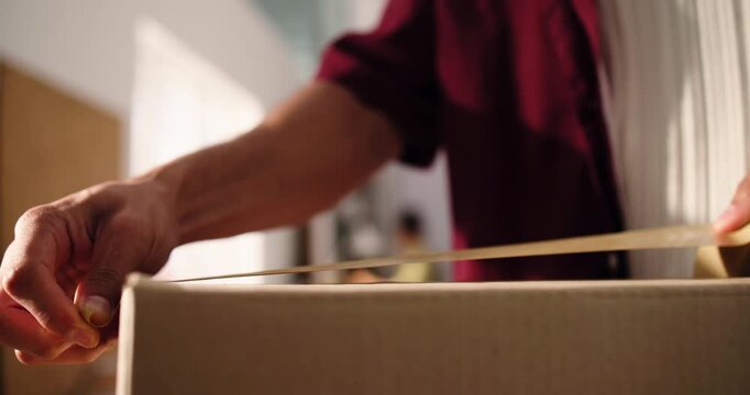 Box, tape and hands of person for supply chain, shipping and seal for delivery with package. Small business, ecommerce and worker with parcel for dropshipping, distribution and logistics in office
