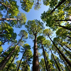 Fototapeta premium Towering Trees Reaching Towards a Clear Blue Sky in a Lush Green Forest