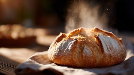 Freshly baked bread resting on linen with steam rising in a warm kitchen