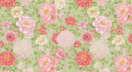 Elegant Floral Pattern Featuring Peonies and Roses in Pastel Shades on a Light Green Background Showcasing Feminine Design and Vintage Inspired Botanical Art with Romantic Touch