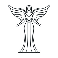 Obraz premium Elegant angel figure with outstretched wings and flowing gown.Vector outline icon