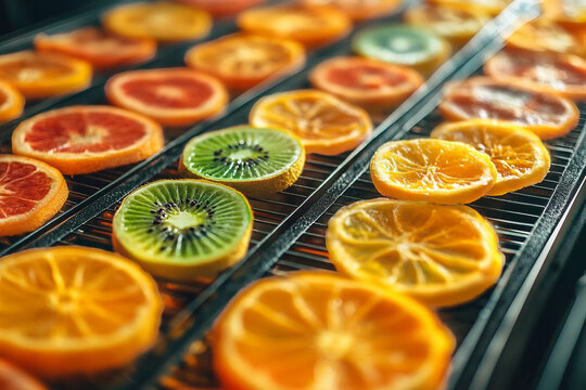 Dehydrated Citrus and Kiwi Slices on a Kitchen Food Dehydrator Tray for Healthy Snacks, Generative AI