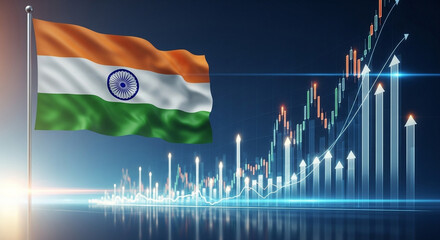 Indian flag waving with stock market graph and arrows indicating positive growth in india economy