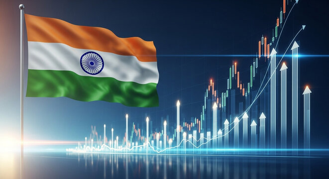 Indian flag waving with stock market graph and arrows indicating positive growth in india economy