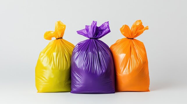 Colorful collection of plastic grocery bags arranged on a clean white background for eco-friendly awareness and shopping convenience
