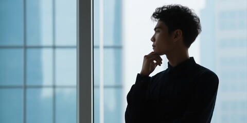 Pensive young asian male looking out of modern office window