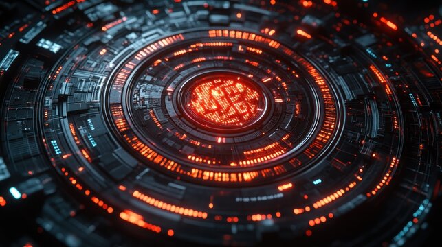 Circular, glowing, tech interface