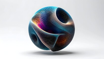 Abstract 3D orb with intricate lines, holes, and gradients of color against a white backdrop