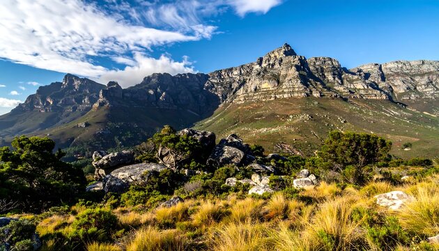 Scenic mountain range view with grasses, boulders, and a blue sky with wispy clouds in a natural outdoor landscape