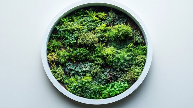 Circular planter wall art, vibrant green plants