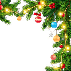 Christmas holiday border frame with green fir branches, red balls, and gold ornaments