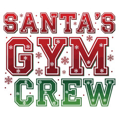Santa’s Gym Crew bold athletic typography with team-style text and small snowflake decorations, festive fitness vector on white background