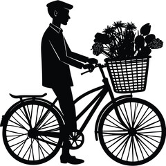 Man Cycling with Flowers Vintage Silhouette Illustration for Print or Design on White Background