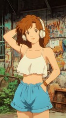 Naklejka premium Casual young woman in summer attire, wearing headphones and smiling, vibrant outdoor setting with lush greenery for relaxation theme.