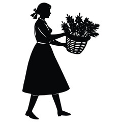 Elegant Woman Silhouette Carrying Basket and Bag Illustration for Graphic Design on White Background