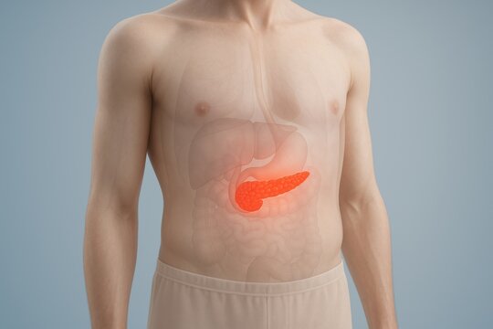 3D medical illustration showing upper abdomen and torso with transparent skin highlighting inflamed pancreas affected by pancreatitis, realistic anatomy for clinical and medical education