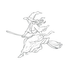 Witch flying on a broom for Halloween celebration design.Vector hand draw