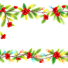 Christmas wreath border frame with holly berries and green leaf decoration