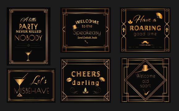 Vector art deco poster set with gold typography, geometric frames and vintage 1920s elements on a black background. Elegant decorative collection in the Great Gatsby style