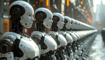 Fototapeta premium Row of identical, white, female-shaped robots, against blurry industrial background, facing right, in formation