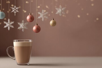 Warm cocoa mocha mousse drink in a clear glass cup, surrounded by hanging festive baubles and snowflakes, creating a cozy holiday atmosphere with rich colors