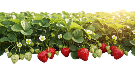 Ripe red and green strawberries, growing on plants with white flowers, cutout, PNG isolated on white or transparent background