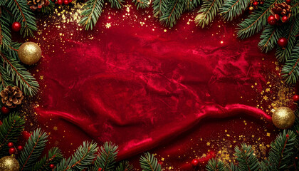 Festive red velvet fabric with pine branches, gold ornaments, and pinecones creating holiday atmosphere