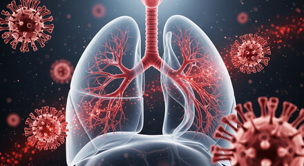 Illustration of human lungs surrounded by red coronavirus cells against a dark gray gradient background