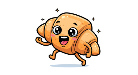 Cheerful croissant character illustration with a delightful expression and playful pose