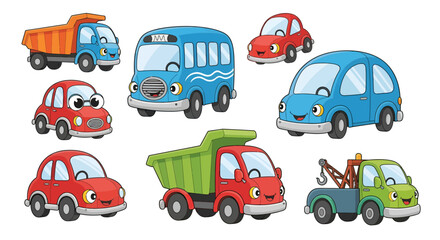 Fototapeta premium Collection of colorful cartoon vehicles showcasing diverse designs and happy faces transportation