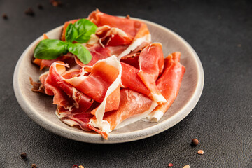 jamon serrano meat appetizer jamon iberico natural product tasty snack fresh delicious gourmet food background on the table rustic top view copy space