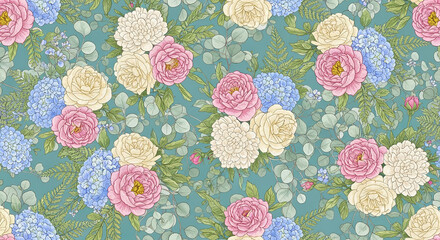 Delicate Floral Pattern on Teal Background Featuring Roses Peonies Hydrangeas and Eucalyptus Leaves for Textile Design Fashion Apparel and Home Decor Use Exactly 200 Characters